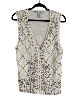 Vintage Beaded Knit Sweater Vest Tan M Metallic Shiny Retro Classic Chic 80s Art